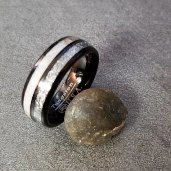 Men's Real Black Tungsten Wedding Ring Meteorite and Deer Antler Inlays - Picture 8 of 10